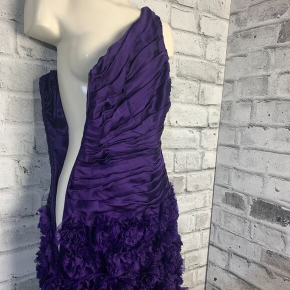 Theia One Shoulder Purple 100% Silk Ruched Rosette 3D Appliqué Cocktail Dress - Picture 8 of 16